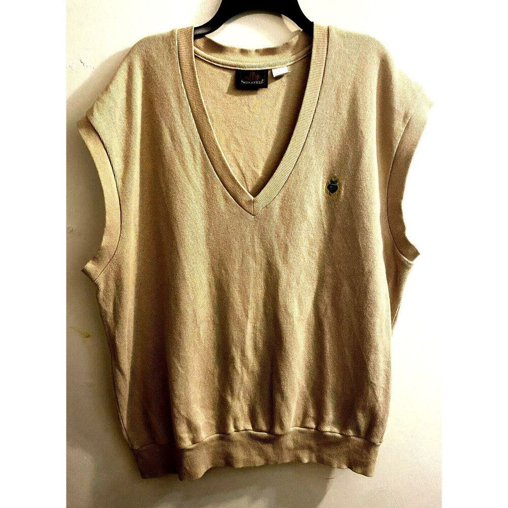 SEDGEFIELD Sweater Vest Mens Size L V-Neck Tan Knit Crest Logo Golf Pullover